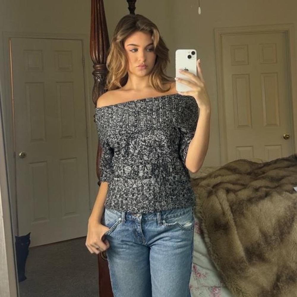 00s black and gray marled knit off shoulder sweater